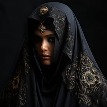 Beautiful Muslim woman in black veil with gold embroidery