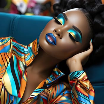 Black woman with colorful makeup lying on a couch