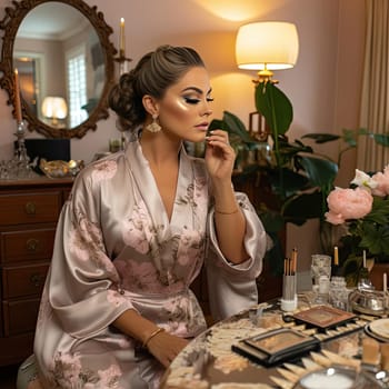 Beautiful woman in robe applying makeup with traditional craftsmanship