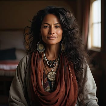 Woman in brown scarf surrounded by jewelry