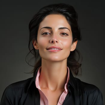 Young woman in black shirt with lively expressions against dark background