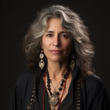Woman with grey hair and jewelry pieces in a spiritual art style