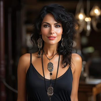 Exquisite woman in black dress with silver jewelry