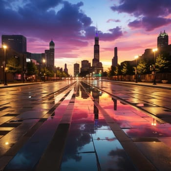 Vibrant city reflections on wet pavement in Chicago