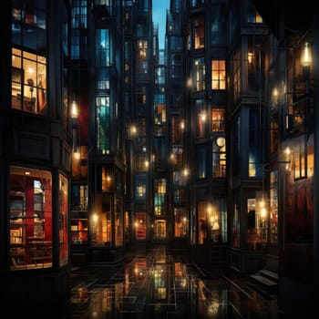 Dark street at night with lights and surreal architectural landscapes