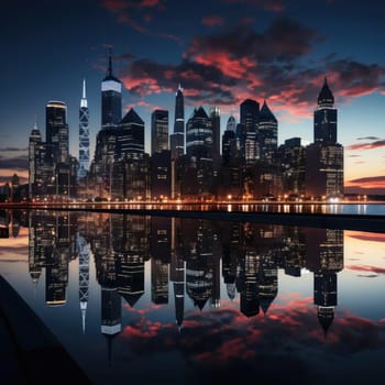 Nighttime skyline of Manhattan with captivating reflections