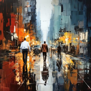 Abstract painting of people walking on a city street, with realistic color schemes