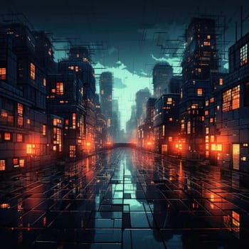 Futuristic city with neon lights and grid formations
