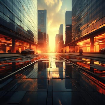 Sunset view of a city street and reflective pool