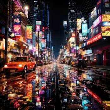 Urban street scene with neon-lit lights and fragmented advertising
