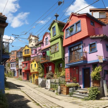 Houses painted in pastel colors in a vibrant cityscape
