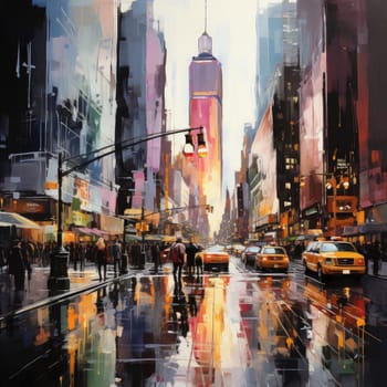 Wet city street painting with vibrant reflections