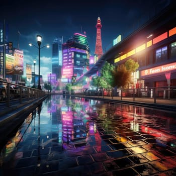 Nighttime view of a city with reflections on water