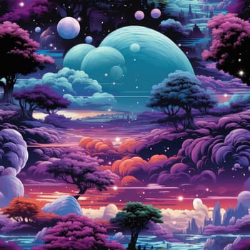 Purple space scene with mountains and trees (tiled)