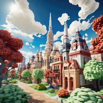 Animated 3D model of an old city with trees