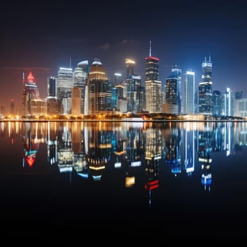 City skyline reflects beautifully in the water at night