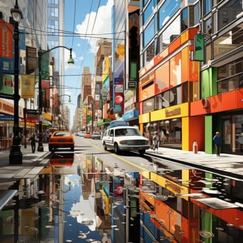 Street scene in a city with vibrant colors