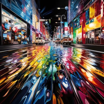 Vibrant city street with colorful lights and dripping paint
