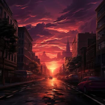 Exquisite city at sunset in anime art style