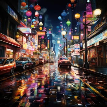 Colorful city street at night with lanterns and cars in fantasy style