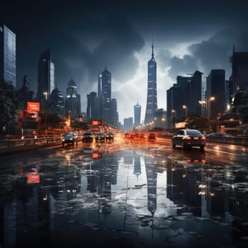 Dark city with skyscrapers and traffic driving
