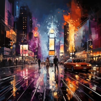 Lively painting depicting life in New York City at night