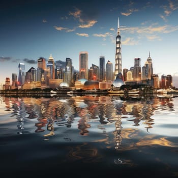 Modern city skyline reflected in water, in the style of daz3d and chinapunk