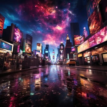 Cosmic cityscape with interstellar nebulae and vibrant stage backdrops