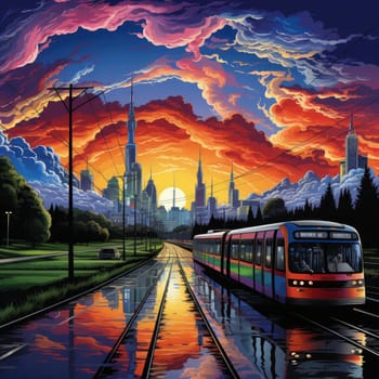 Colorful sky above a train in a gothic urban landscape