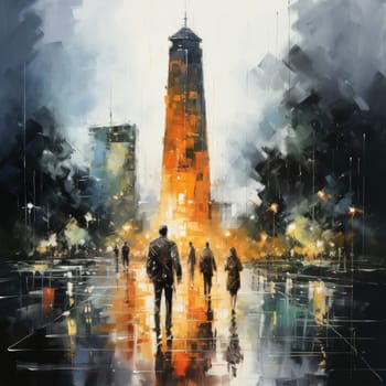 Nighttime painting of people walking outside in the city