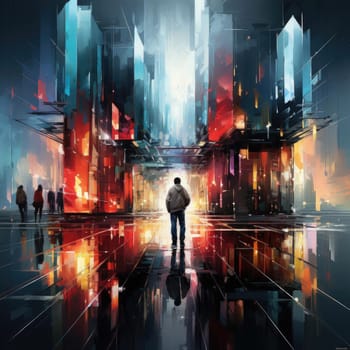 Man standing in a dark city with colored lights and detailed architecture