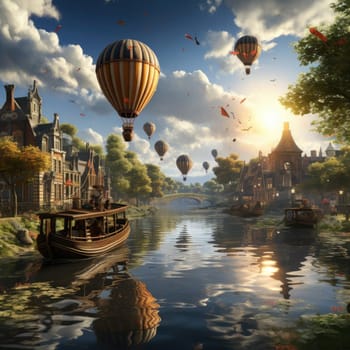 Floating hot air balloons over a city