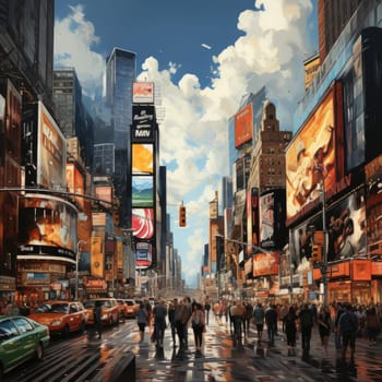 Colorful city street with gray buildings and detailed skies