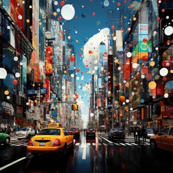 City scene with confetti-like dots and a touch of surrealism