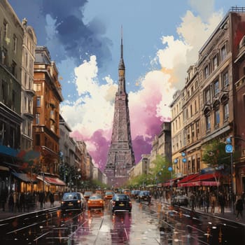 Hyper-detailed painting of a rainy city scene
