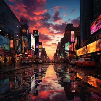 Dark and vibrant city streets flooded at night