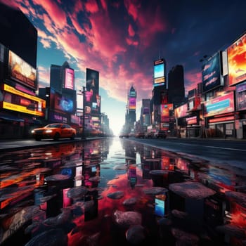 Colorful city skyline with surreal and exaggerated scenes
