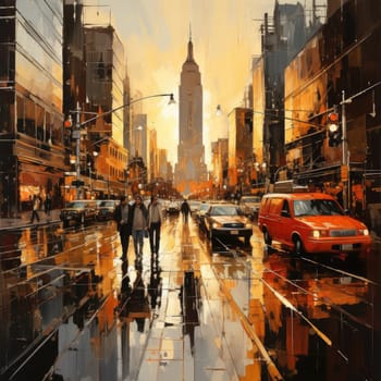 Oil painting of a rainy evening in NYC captures the grandeur of the city