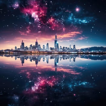Cityscape with galaxy reflections in a symmetrical composition