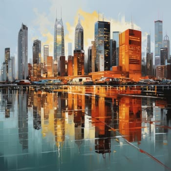 Painting of a city skyline reflected in water with vibrant colors