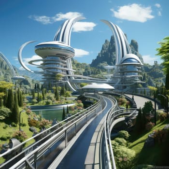 Futuristic town with swirling vortexes and chrome-plated buildings