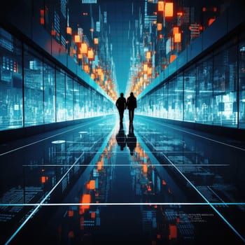 Futuristic image of people surrounded by lights and computer screens