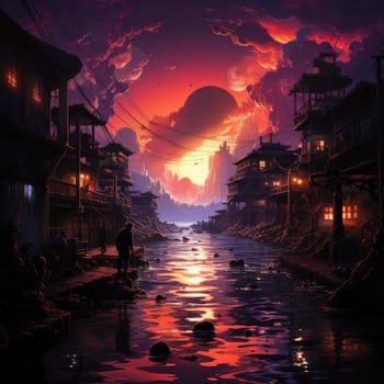 Cityscape with a beautiful sunset and oriental influence