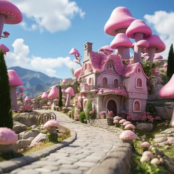 Enchanting fairy land with pink mushrooms and a fairytale castle