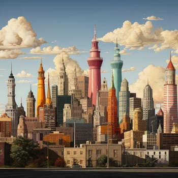 City skyline in a style that merges cartoon realism and highly detailed illustrations