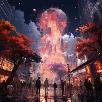 Dreamlike image of people in a city with an explosion