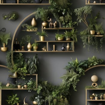 Elegant indoor green wall with golden shelves and plants (tiled)