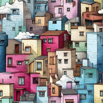 Colorful cartoon house scene in a seamless pattern (tiled)