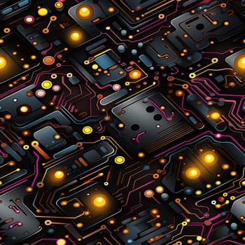 Circuit board design in glowing colors and birds-eye-view (tiled)