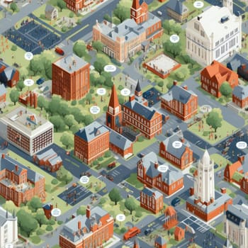 Isometric view of a city intersection in a detailed and historical style (tiled)